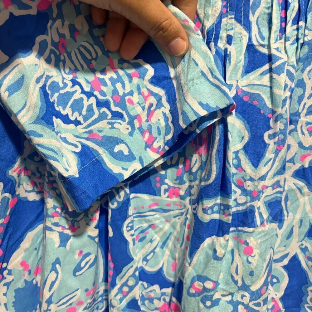 Lilly Pulitzer Tunic Blouse Top Blue L Long Sleeve V Neck 100% Rayon Floral - Picture 5 of 11